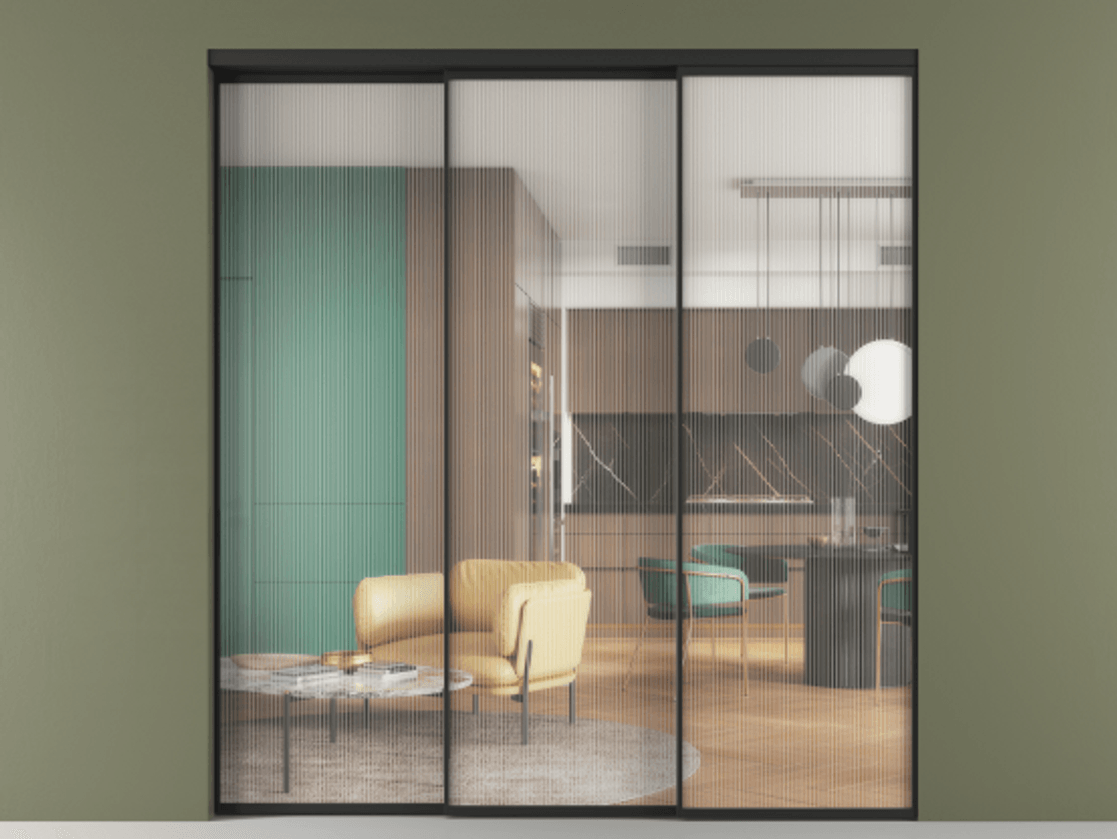 Перегородка Формато внутри проёма 3 створки с синхронным механизмом АЛПР 040.01 Алюминий Черный Рифлёное стекло "Мору", триплекс Цена 335320 ₽  | Volhovec