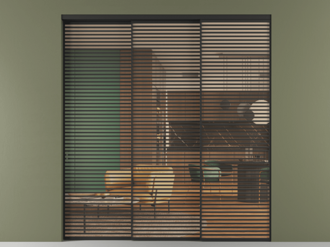 Перегородка Formato внутри проёма 3 створки с синхронным механизмом АЛПР 040.07 Алюминий Черный Прозрачное оранжевое стекло, триплекс Цена 3726200 AMD  | Volhovec