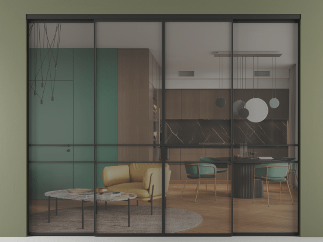 Перегородка Формато внутри проёма 4 створки АЛПР 040.02 Алюминий Черный Прозрачное серое стекло, триплекс Цена 324000 ₽  | Volhovec