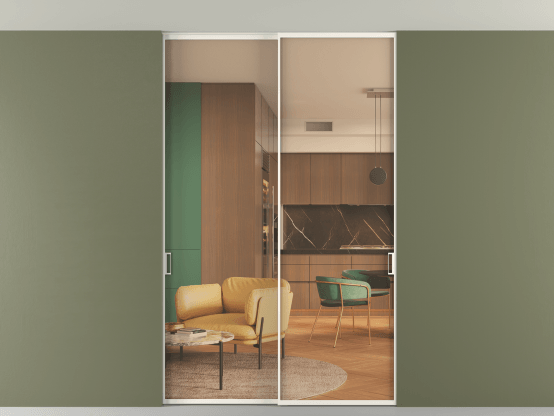 Алюминевая перегородка vn2_01 Алюминий пудровый белый Прозрачное оранжевое стекло, триплекс, 6мм. Цвет Алюминий пудровый белый. Материал Алюминий в эмали. Коллекция Перегородка Формато внутри проёма скрытое крепление в потолок 2 створки. Картинка.