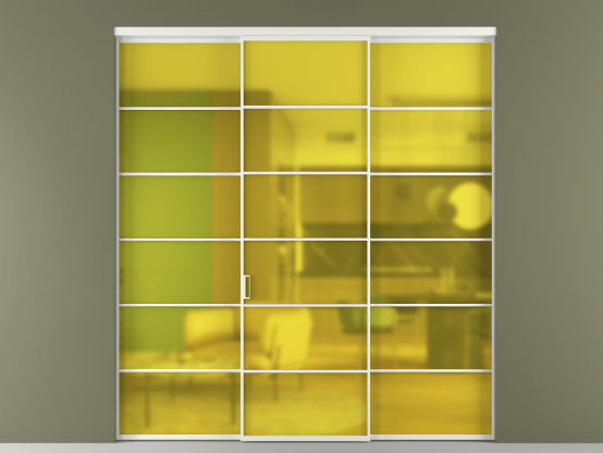 Алюминевая перегородка vn1+2_04_ Алюминий светло-серый Сатинированное жёлтое стекло, триплекс, 6мм. Цвет Алюминий светло-серый. Материал Алюминий в эмали. Коллекция Перегородка Формато внутри проёма 3 створки. Картинка.