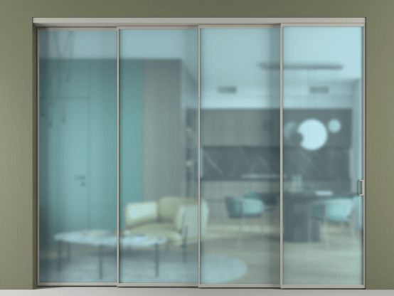 Алюминевая перегородка АЛПР 040.01_АНСР_САТ ГОЛ_new. Цвет Алюминий нейтральный серый. Материал Алюминий в эмали. Коллекция Перегородка Формато внутри проёма 4 створки с синхронным механизмом. Картинка.