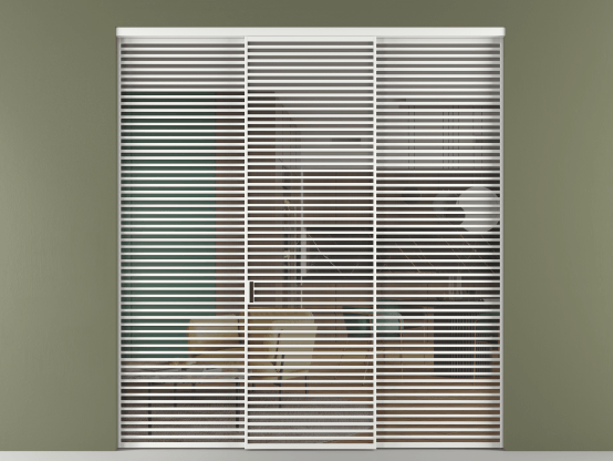 Алюминевая перегородка АЛПР 040.07_АБЛ_Серый триплекс_new. Цвет Алюминий белоснежный. Материал Алюминий в эмали. Коллекция Перегородка Формато внутри проёма 3 створки. Картинка.